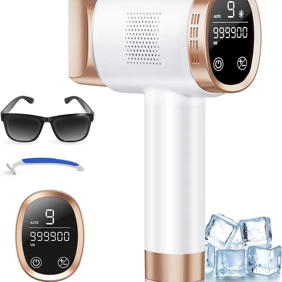 21J IPL Haarentfernung mit Eiskühlsystem & 9 Stufen, 600 NM Rotlicht, LCD-Touchscreen, für Gesicht, Arm, Bikinizone & Körper, Gold