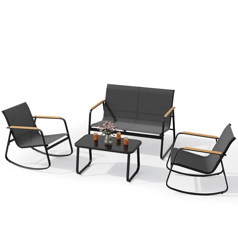 Xbro Gartenmöbel-Set, 4-teilig, Balkonmöbelset aus Teslin-Gewebe, 3 Sessel + 1 Glastisch, Stahlrahmen, für Terrasse & Garten