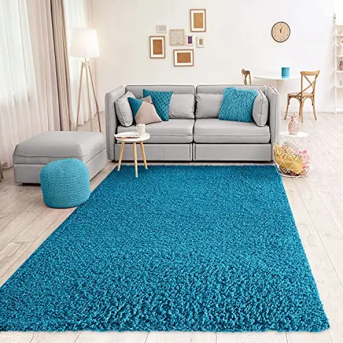 VIMODA Hochflor Shaggy Teppich Rund Türkis Ø 80 cm für Wohnzimmer und Schlafzimmer