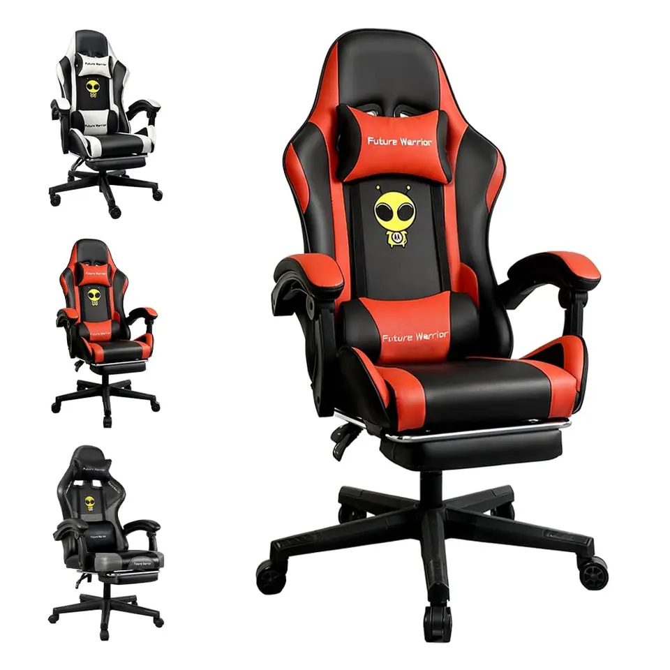 Future Warrior Gaming-Stuhl mit Fußstütze, Kopf- und Lendenwirbelstütze, höhenverstellbar, schwarz-rot