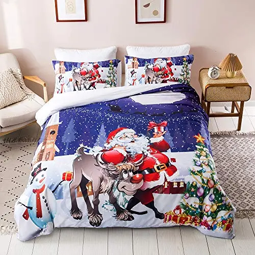 Chanyuan Weihnachts Bettwäsche Set 135x200cm mit Weihnachtsmann Muster in Blau und Weiß