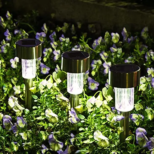 Solpex Solarlampen für Außen, 12 Stück, LED Wegleuchten für Garten, Terrasse, Rasen und Gehweg (Edelstahl, Kaltweiß)
