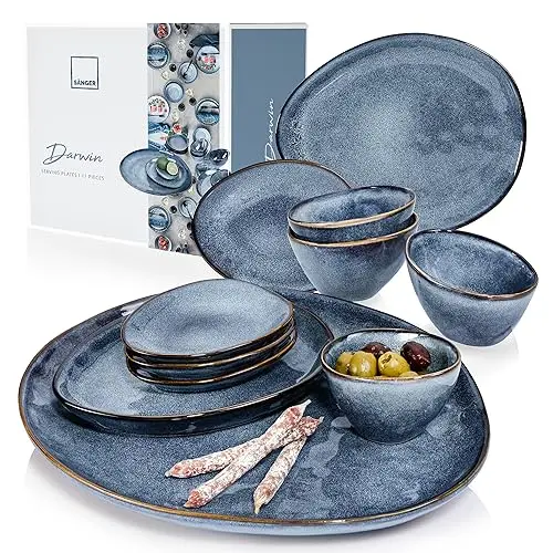 SÄNGER | Darwin 11-teiliges Servierschalen-Set in Blau - inkl. Servierteller, Dipschalen und Snackteller
