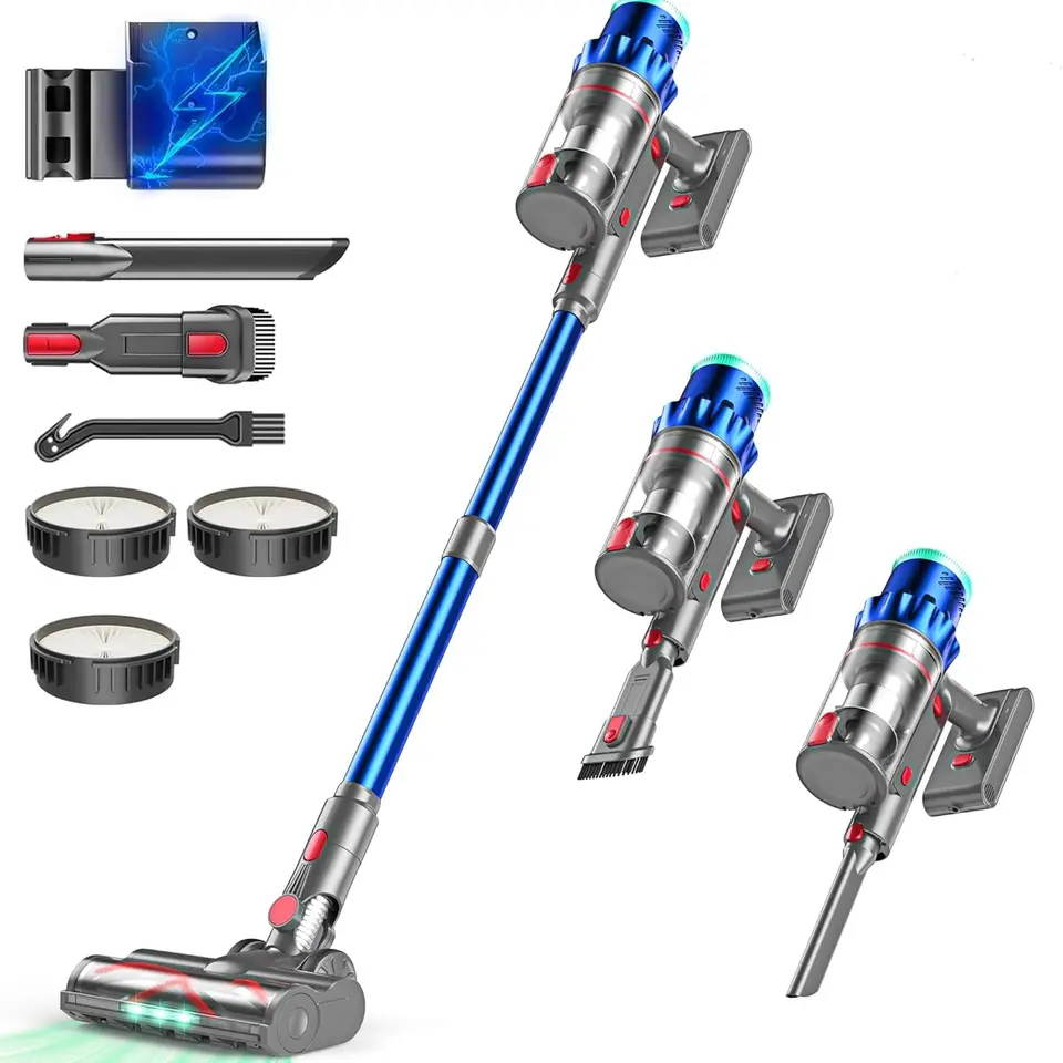 PINICO Akku-Staubsauger, 550W, kabellos, mit Automatikmodus & Anti-Verhedderung-Bürste, für Teppich, Hartboden & Tierhaare (Blau)
