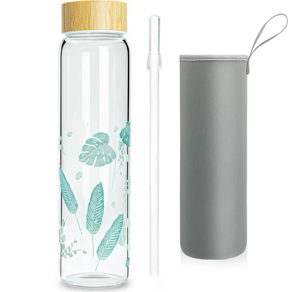 Ferexer 1l Trinkflasche aus Glas mit Strohhalm & Bambusdeckel