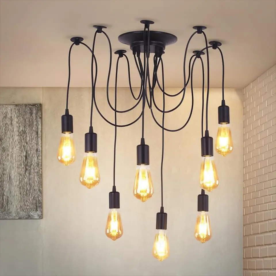 FRIXCHUR schwarze 8-Köpfe-Pendelleuchte - Vintage Landhausstil für Kücheninsel, höhenverstellbar, ideal für Wohnzimmer, Esszimmer, Eingang, Treppe, Bar, Café