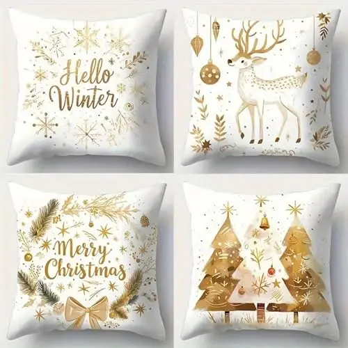4er Set Weihnachts Kissenbezüge, Leinen Zierkissen, 45x45 cm, Gold - Dekoration für Sofa und Bett