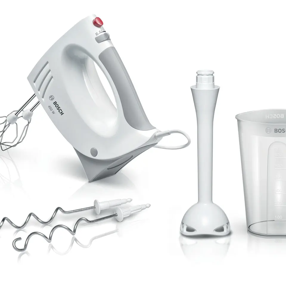 Bosch Handrührer MFQ3540, 450 W, weiß, mit 2 Rührbesen, 2 Edelstahl-Knethaken, Pürierstab, Mixbecher, 5 Stufen, spülmaschinengeeignet