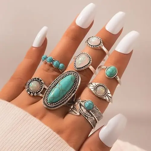Türkisfarbenes Western-Ring-Set für Damen, Boho-Schmuck, verstellbare Knöchelringe, Geschenkidee