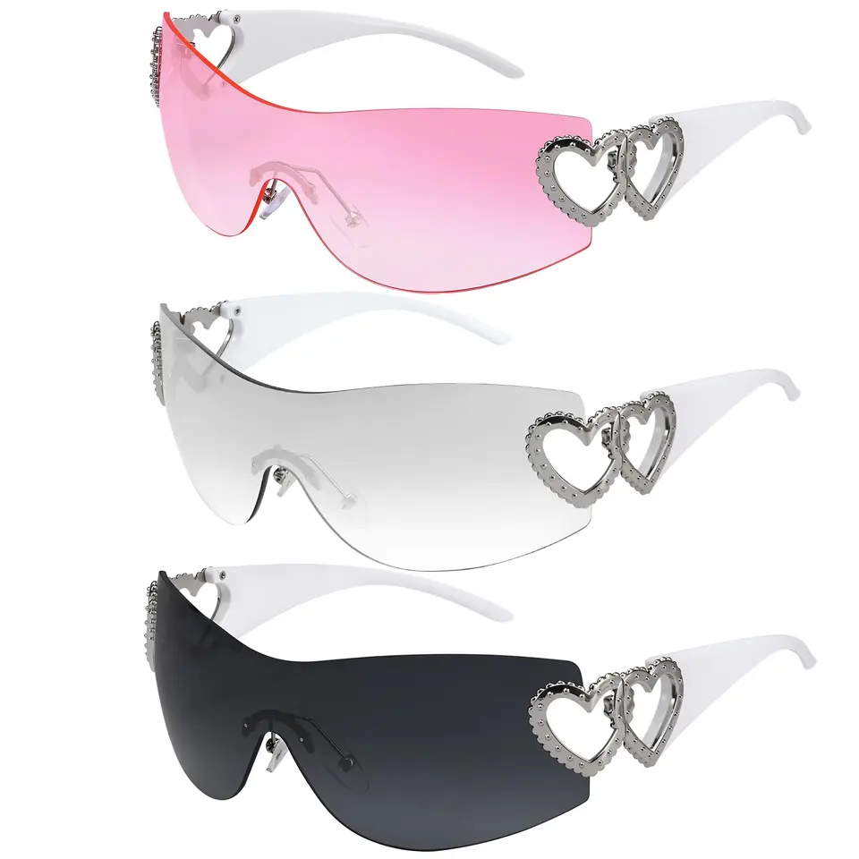 patinadrift 3er Pack Randlose Y2K Sonnenbrillen, Trend Wrap Around Damen & Herren, Vintage Herzform Sonnenschutz für Sommer