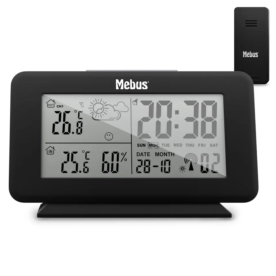 Digitale Funk-Wetterstation mit Außensensor, Thermometer innen & außen, batteriebetrieben, Schwarz