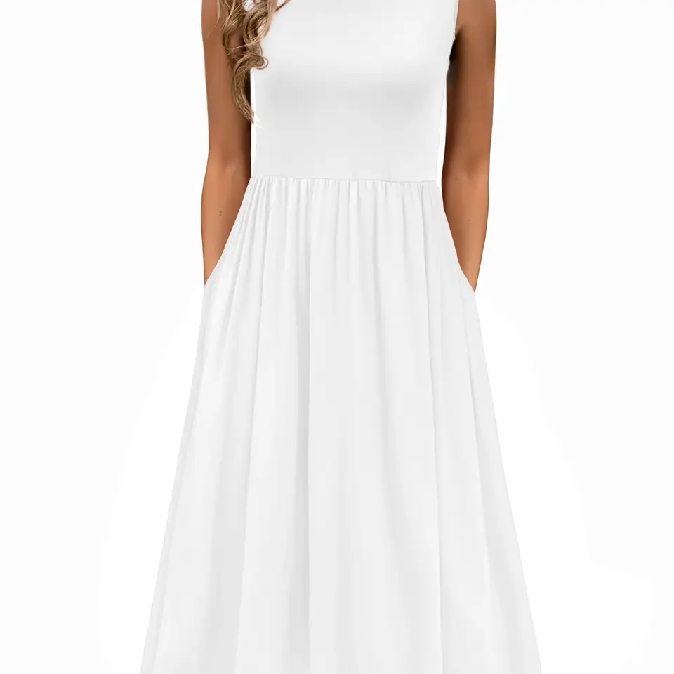 Damen Sommer Kleid Lässiges Tank Rundhals Freizeitkleid mit Taschen