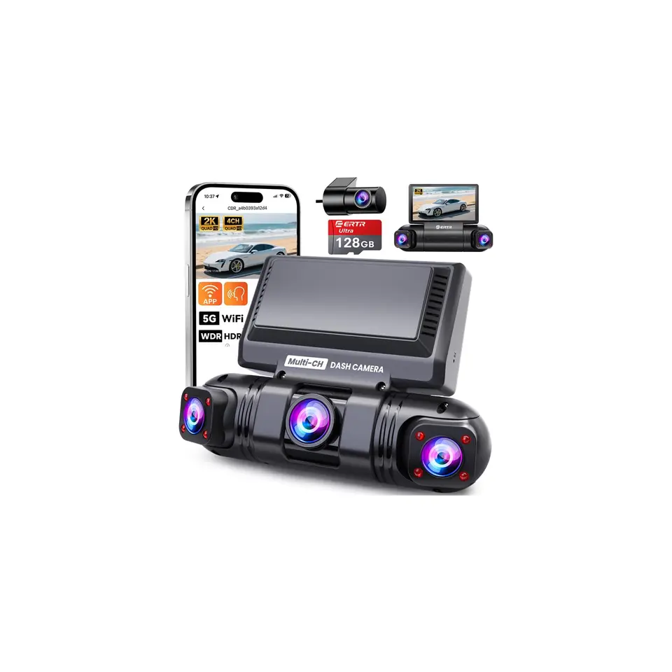 360° Dashcam für Auto, 4-Kanal Wireless mit 2K+1080P*3, Wi-Fi & App, G-Sensor, 8 IR-Nachtsicht-LEDs, inkl. 64GB SD-Karte