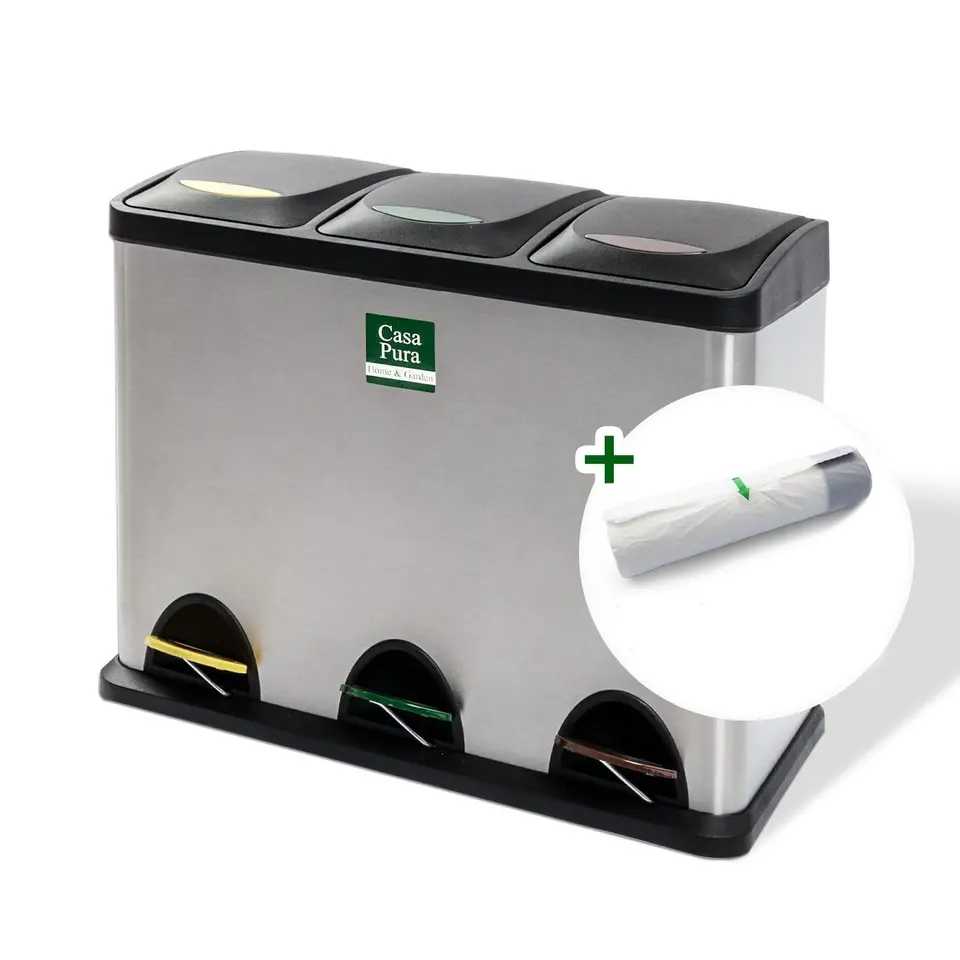 Floordirekt Mülleimer 2/3 Fächer, 24L, Edelstahl, 3 Kammern (je 8L) für Küche, Papier, Biomüll, Plastik, 60,5x34,5x56,5cm