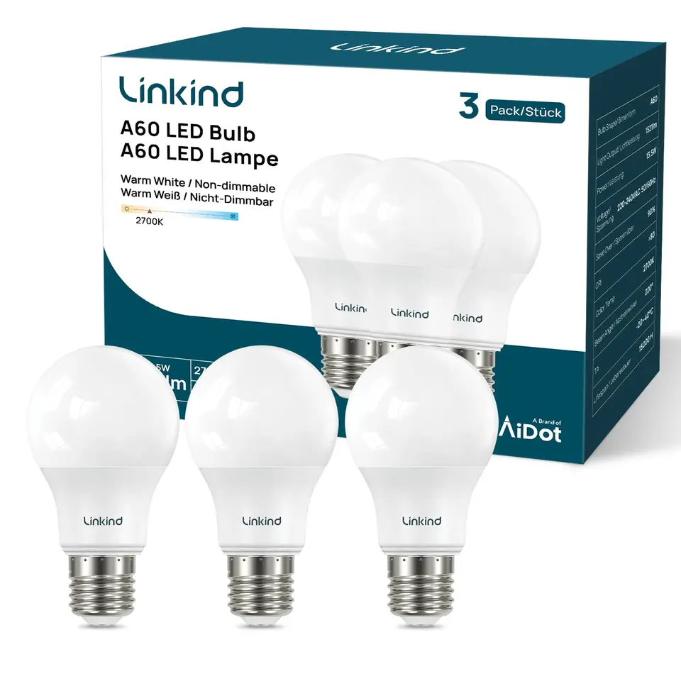 Linkind 8W E27 LED Lampe, Warmweiß, 806lm, ersetzt 60W, 220° Abstrahlwinkel, 3 Stück