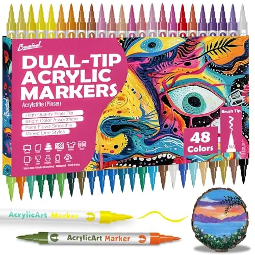 Bougimal 48 Farben Acrylstifte - Wasserfeste 24pcs Doppel-Weichenkopf Marker für kreative Kunstprojekte