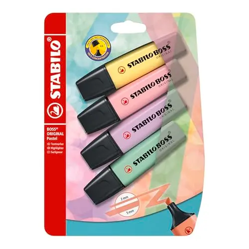 STABILO BOSS ORIGINAL Pastell Textmarker 4er Pack - Gelb, Rosa, Lila, Minzgrün