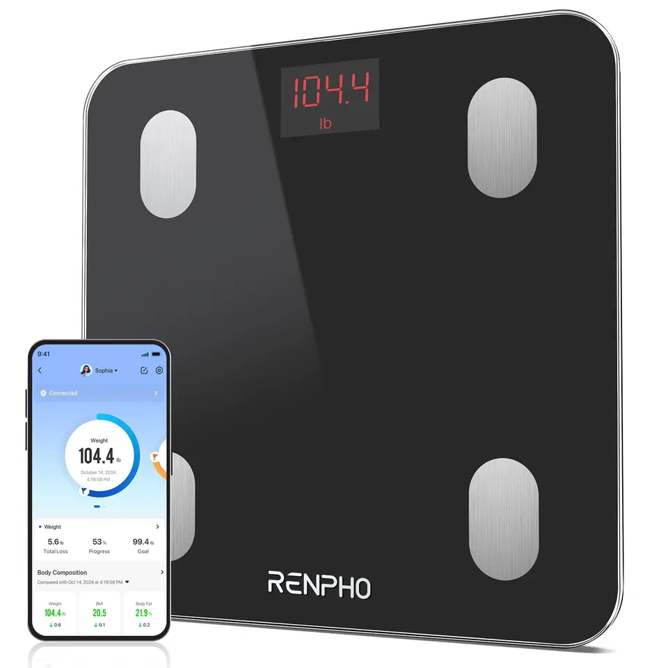 RENPHO digitale Personenwaage mit App, 180 kg, Körperfett, Muskelmasse, 13 Messwerte, Bluetooth, für Baby & Schwangere, Schwarz