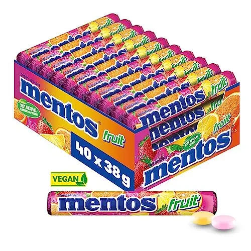 Mentos Fruit Dragees, Frucht-Bonbons mit Orange, Zitrone, Erdbeere, vegan, 40 Rollen