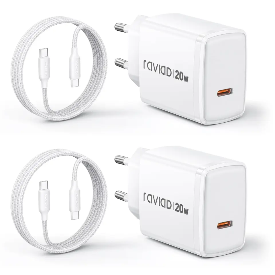 RAVIAD USB-C Ladegerät 2er-Pack, 20W Schnellladung mit 2m USB-C Kabel