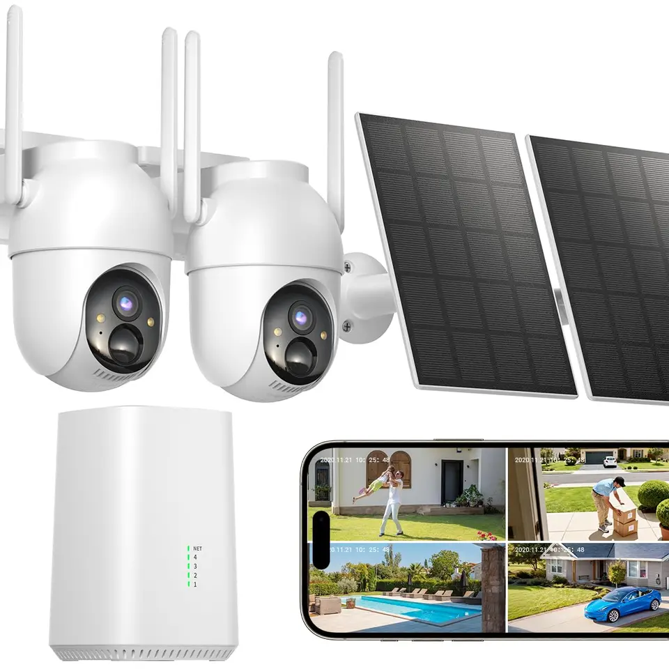 BOOPEX 2K Außen-Überwachungskamera mit Akku & Solar, 2er Set mit Basisstation, 360° PTZ, kabellos, 32G Speicher, kein Abo, KI-Erkennung, Farbnachtsicht & 2-Wege-Audio, 5G/2,4G WLAN