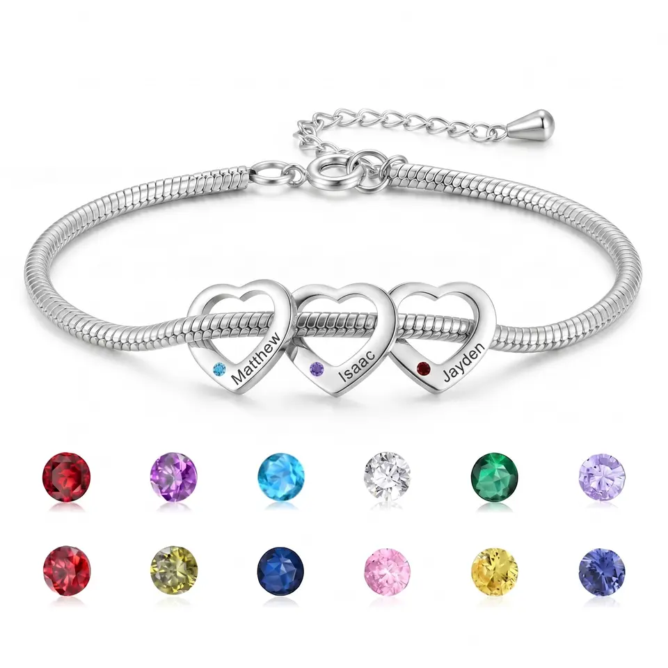 Personalisiertes Damen-Armband mit 1-5 Namen, Herz, Gravur & Geburtssteinen – Edelstahl, Geschenk für Muttertag & Weihnachten