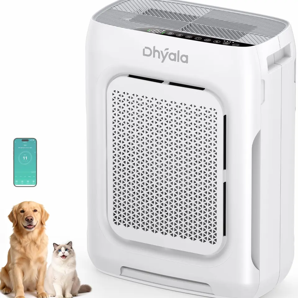 Dhyala Luftreiniger mit HEPA-Filter, WiFi, 20dB Schlafmodus, AQI, Aroma, Timer – gegen Staub, Pollen, Haustiere & Raucher