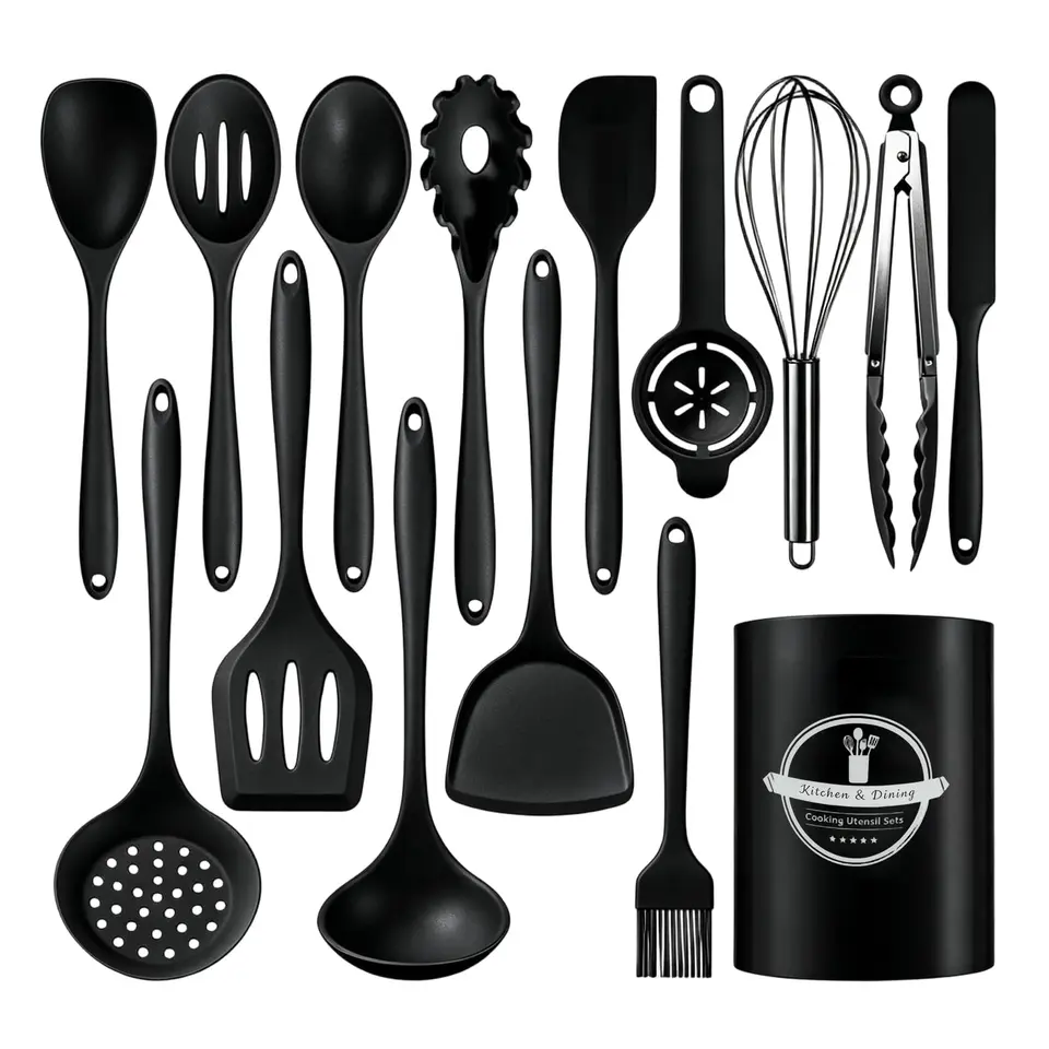 15-teiliges Küchenhelfer-Set aus Silikon, hitzebeständig, antihaftbeschichtet, Kochlöffel mit Utensilienhalter, schwarz