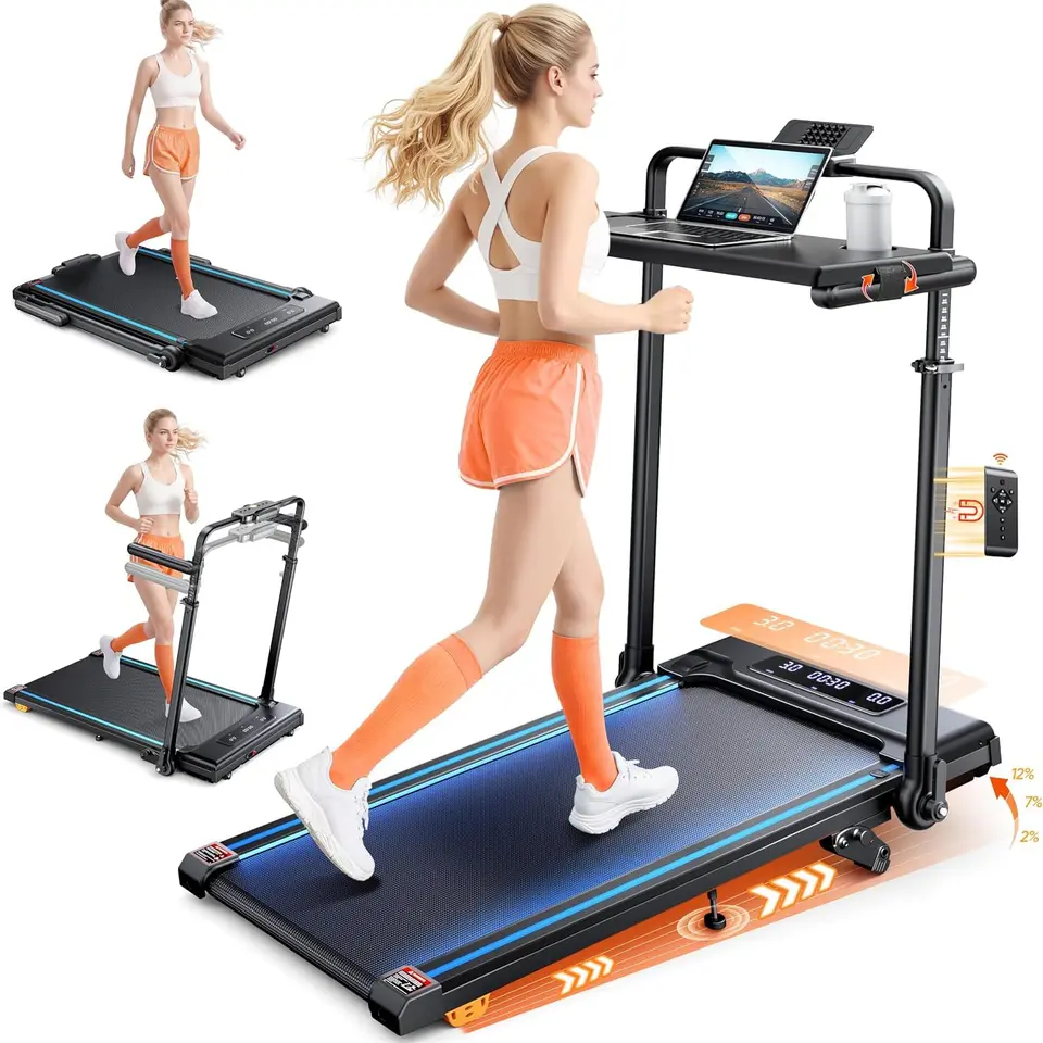 6-in-1 Laufband für Zuhause, klappbar, 3.0 HP, mit Steigung 2%-7%-12%, 12 km/h, abnehmbarer Tisch, 15 cm Teleskop-Riser, RGB-Lichter, für 150 kg