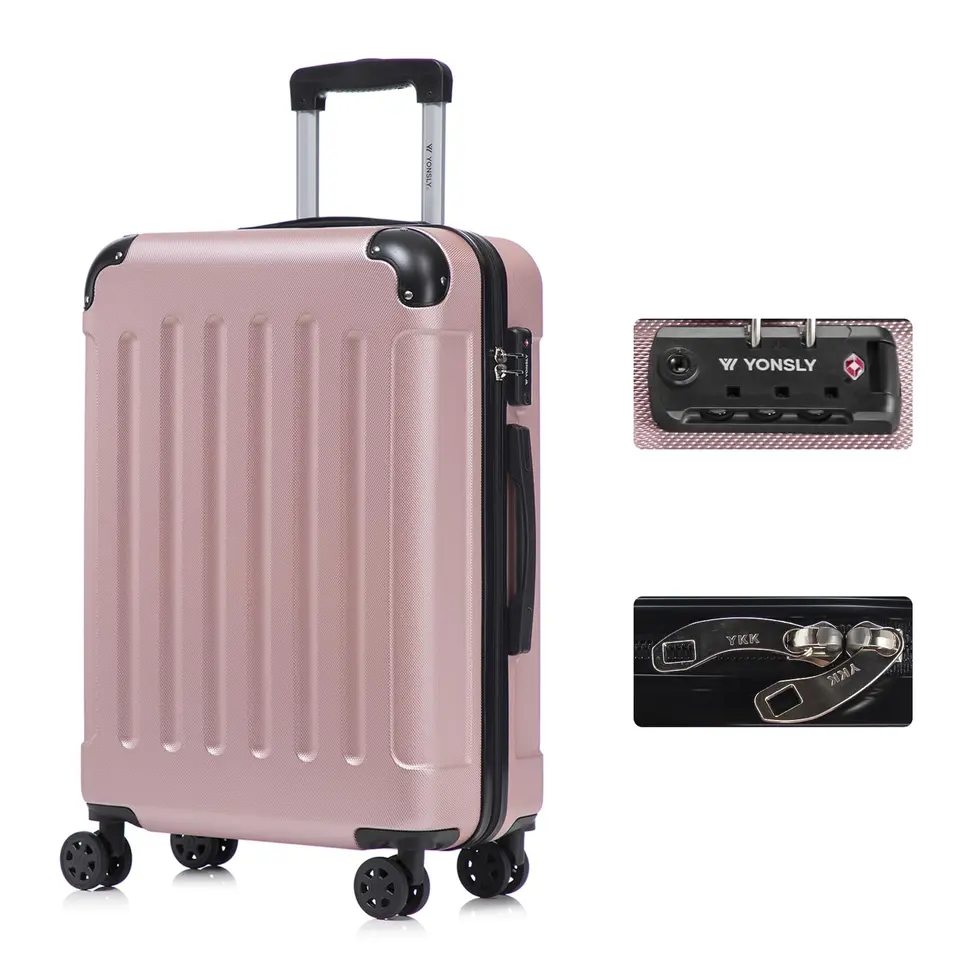 YONSLY Reisekoffer mit TSA-Schloss & YKK-Reißverschluss, Hartschale, 4 Rollen, Handgepäck, Roségold, L