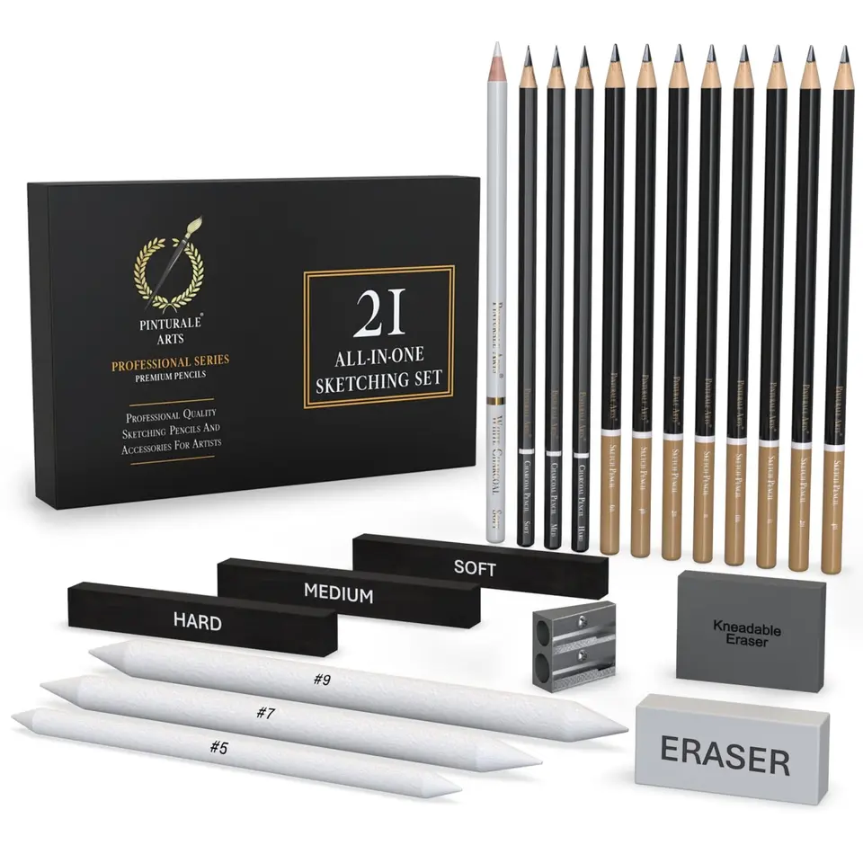 Pinturale Arts Zeichenset Professionell (21 Stück) | Komplettes Zeichen Set mit Bleistiften, Kohlestiften, Papierwischer, Radiergummis & Anspitzern
