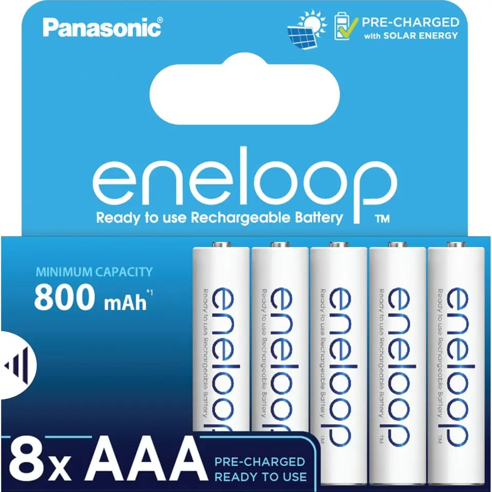 Eneloop AAA/Micro NiMH Akkus, 8er-Pack, 800 mAh, bis zu 2000 Mal wiederaufladbar, plastikfreie Verpackung