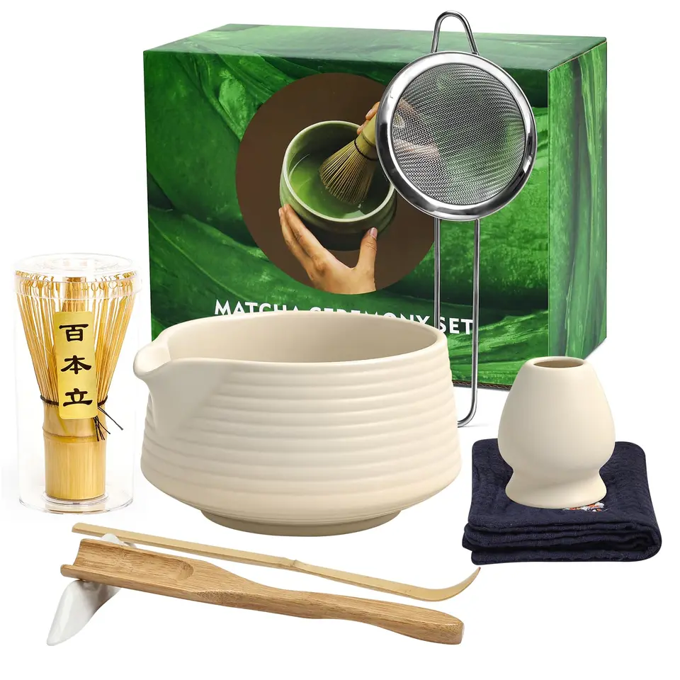 Matcha Set mit 8 Teilen: Keramik Schale, Besen/Whisk/Chasen, Sieb, Löffel, Besenhalter, Geschirrtuch & Zubehör für Liebhaber