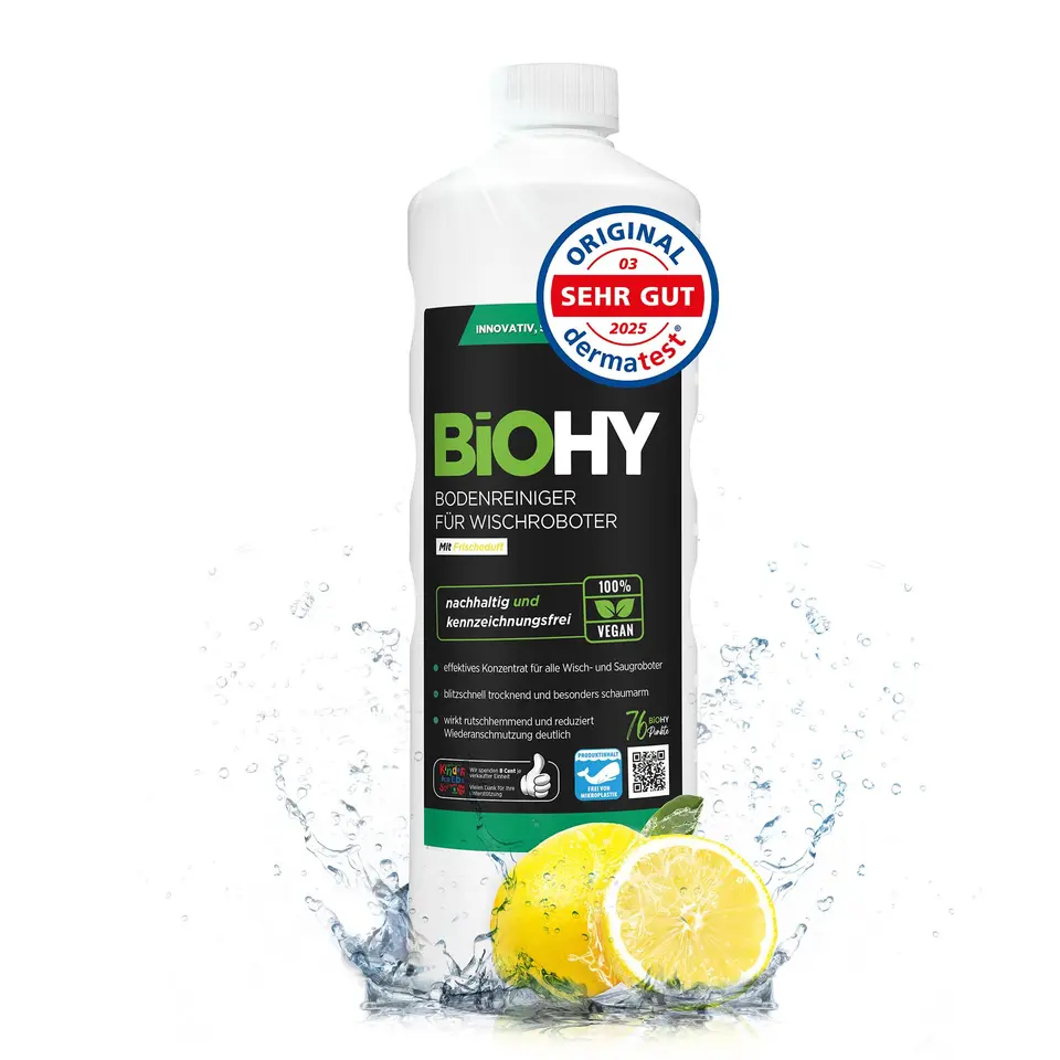 BiOHY Bodenreiniger für Wischroboter (1l Flasche) | Reinigungsmittel Konzentrat für alle Wisch- & Saugroboter mit Nass-Funktion | Schaumarm & streifenfrei