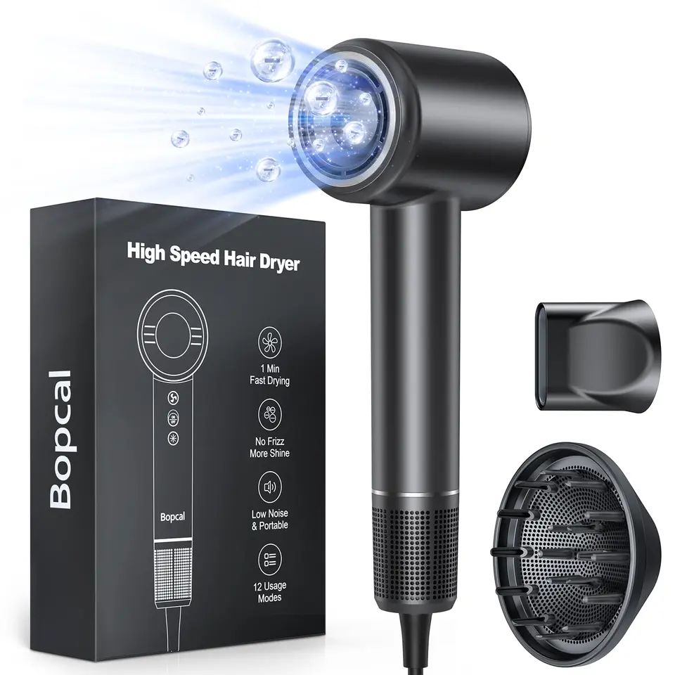 Bopcal Haarföhn mit Diffusor, 160000 U/min, Bürstenloser Motor, Ionen-Technologie, ideal für Reisen & Zuhause, Geschenk