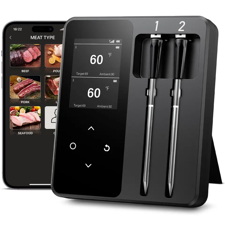Fleischthermometer Kabellos mit 2 Sonden, LCD-Display, Bluetooth, IP67, geeignet für Grill, Ofen, Smoker, Bratpfanne, Airfryer