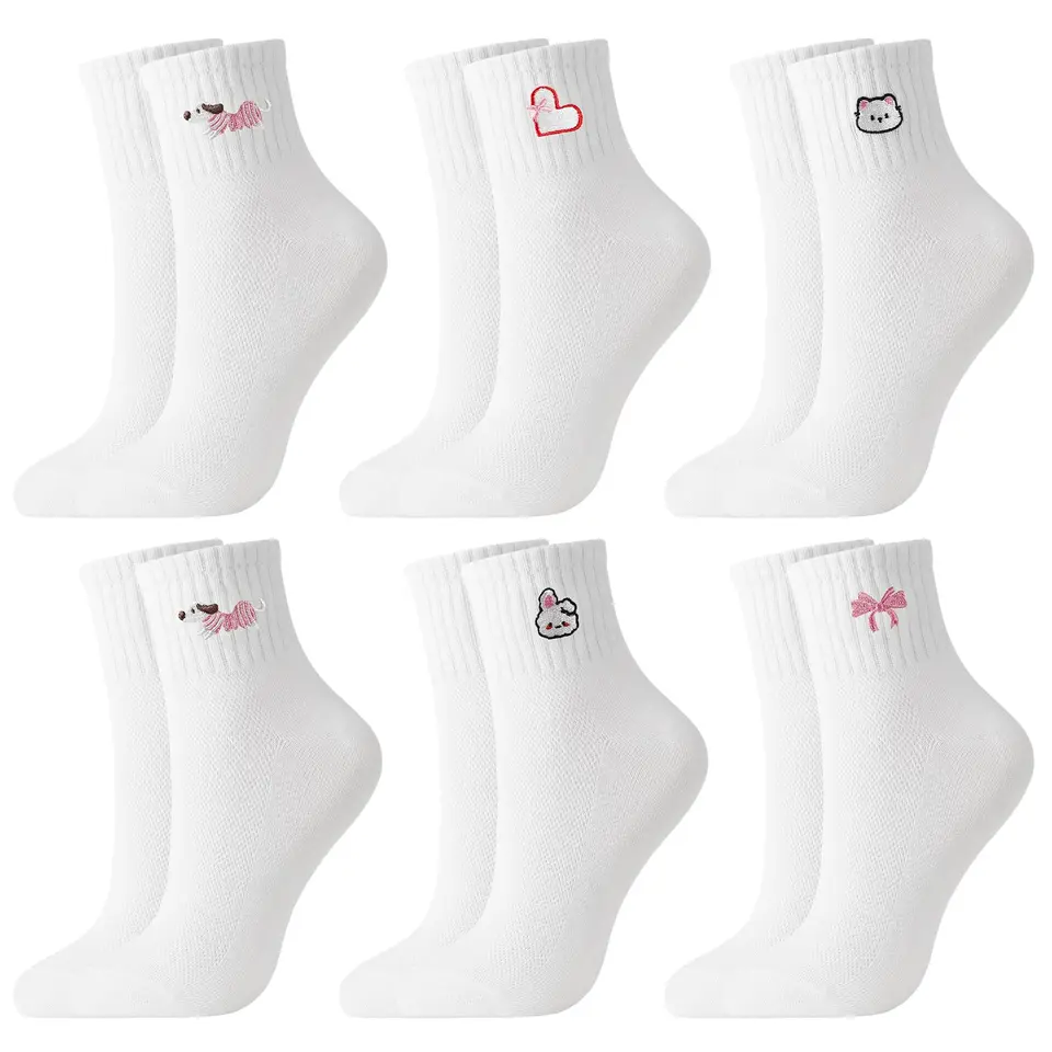 Utensilsto 6 Paar lustige Damen-Socken 35-38, bestickt, atmungsaktiv, Baumwolle, bequem für Sport & Freizeit