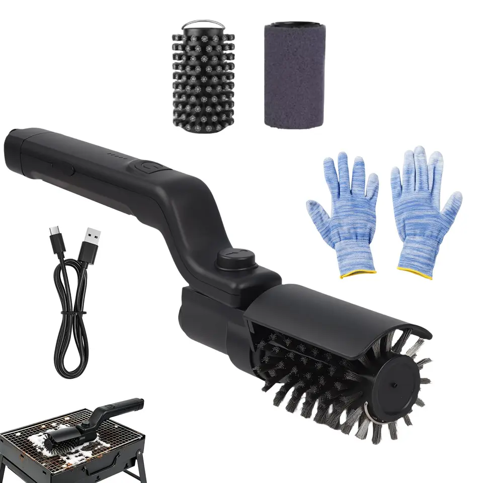 Elektrische Grillbürste, verstellbarer Winkel, 2600mAh, 3 Modi, wasserdicht, Edelstahlbürstenkopf, für Gussrost (Schwarz)