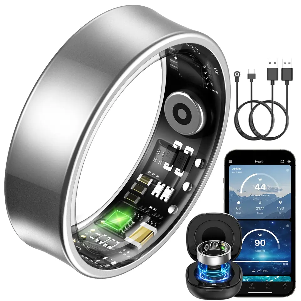 BANLVS Smartwatch Ring für Herren & Damen, Fitnessring mit Herzfrequenz & SpO2, IP68 wasserdicht, 176 Sportmodi, kompatibel mit Android & iOS, Silber, 60mm
