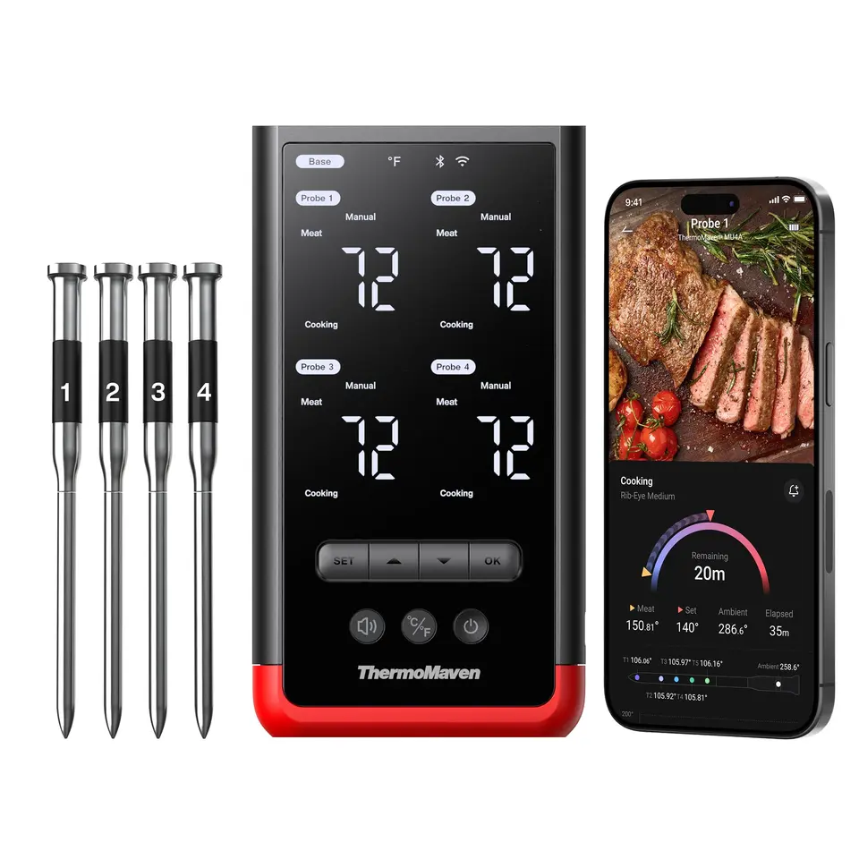 ThermoMaven P4 Fleischthermometer kabellos mit 4 Sonden und APP – platzsparendes Grill- und Kochzubehör