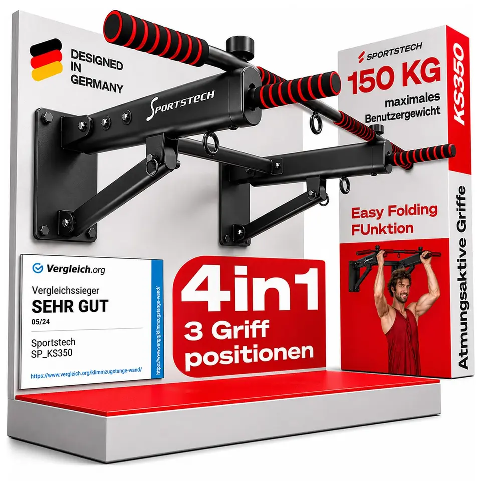 Sportstech KS350 4in1 Klimmzugstange Wand klappbar bis 200kg | Pull Up Bar Wandmontage | 3 Griffpositionen & Schaumstoffgriff | Ösen & Schlingentrainer