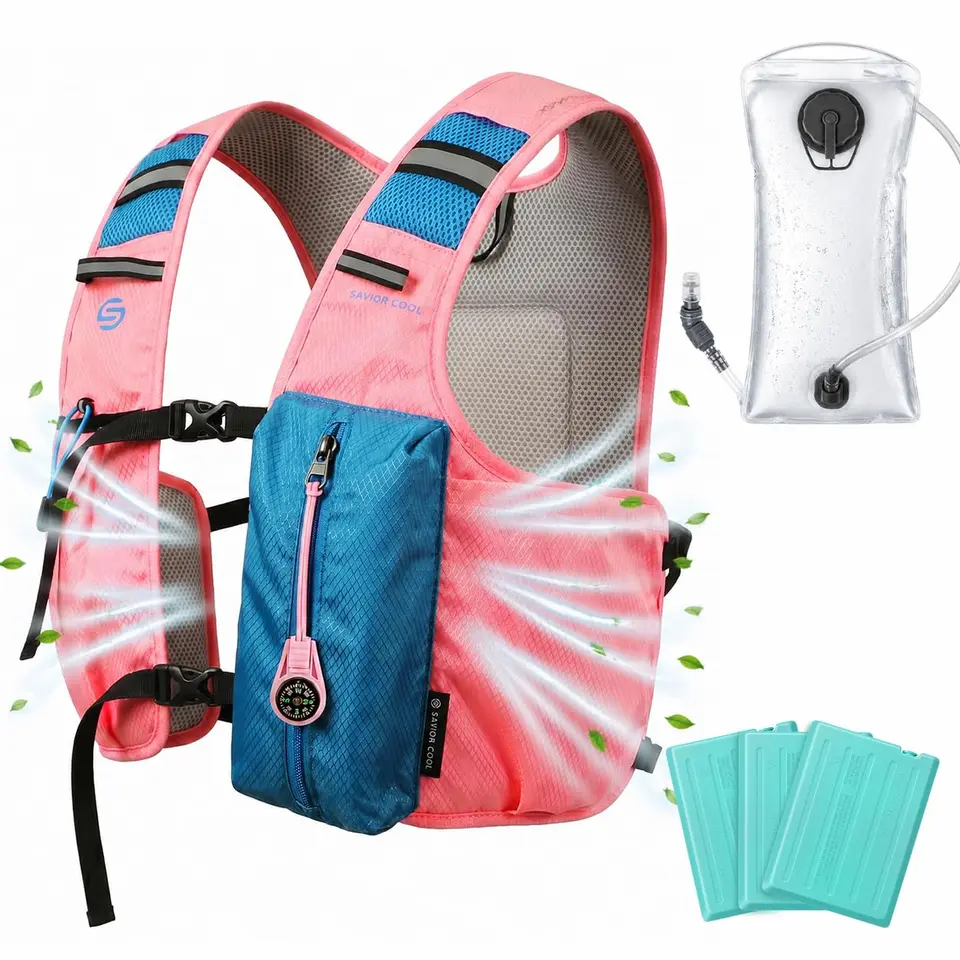 SAVIOR COOL Kühlende Laufweste mit Trinkblase 2L, 10L Trinkrucksack, 3 Kühlpacks, 180 Min Kühlsystem, Reflektierend (Rosa)