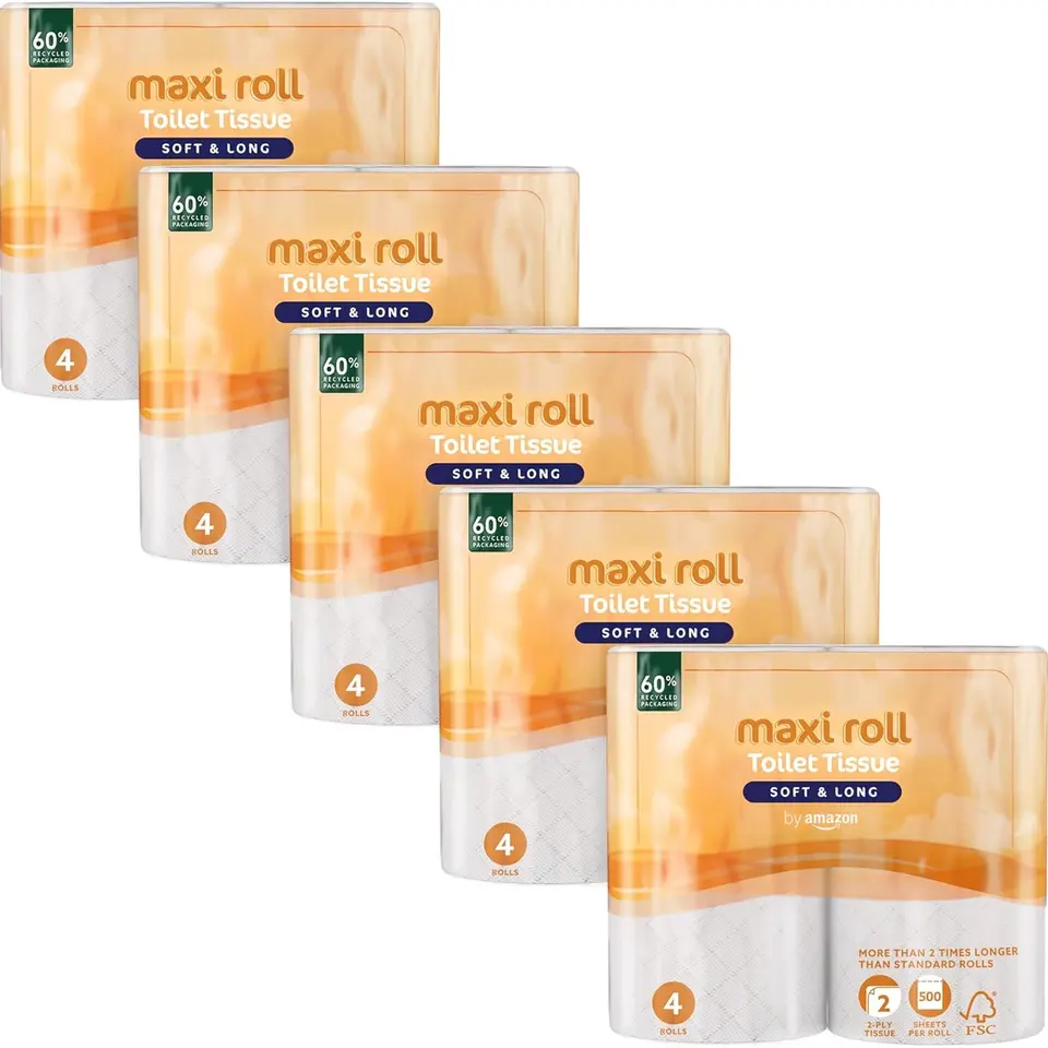 Amazon Toilettenpapier Maxi-Rolle 2-lagig, weich, sanft, 20 Rollen (4 Rollinnen pro Packung)