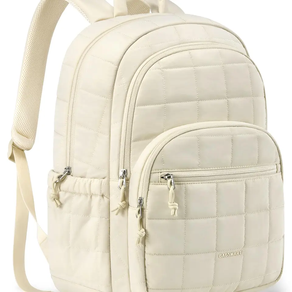 bagsmart Laptop Rucksack für Frauen, Wasserfeste Büchertasche für 15,6" Laptop, College & Reiserucksack, Beige