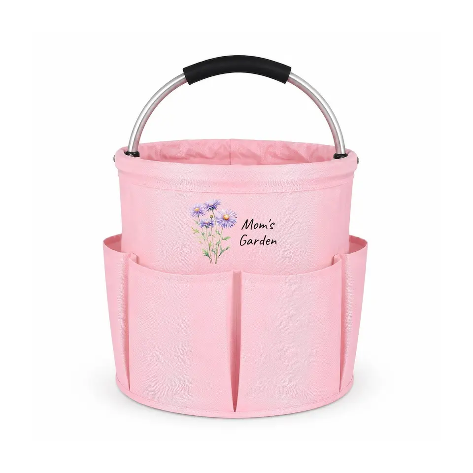 Personaliserte Gartentasche aus Oxford mit Blumen-Stickerei, faltbar, mit Taschen, Geschenk für Frauen, Mama, Oma, Gärtnerin (Hellrosa)