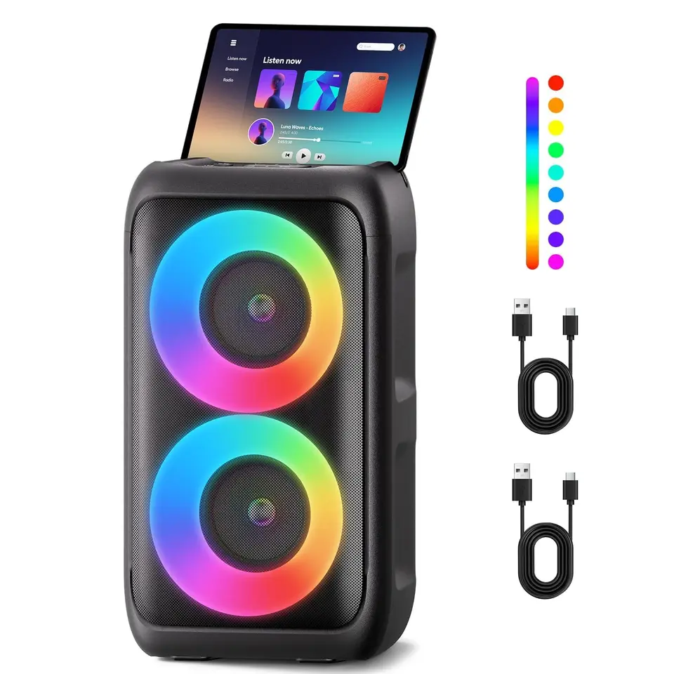 Große Bluetooth-Musikbox mit 2 Mikrofonen, tragbarer 3-in-1 Lautsprecher mit Licht, Outdoor/Indoor Party-Box für TV, Smartphone & Tablet