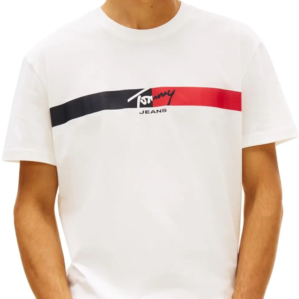 Tommy Jeans Herren T-Shirt Kurzarm Signature Stripe aus Baumwolle, Weiß (Ecru), S