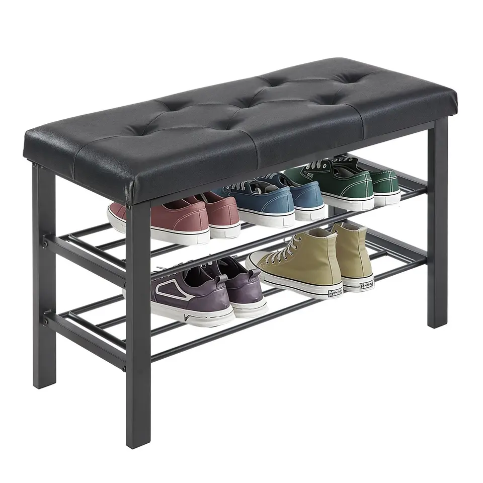 Sweetcrispy Schuhbank mit 3 Ebenen, Sitzbank aus Kunstleder & Metall, 32 x 81 x 50 cm, schwarz