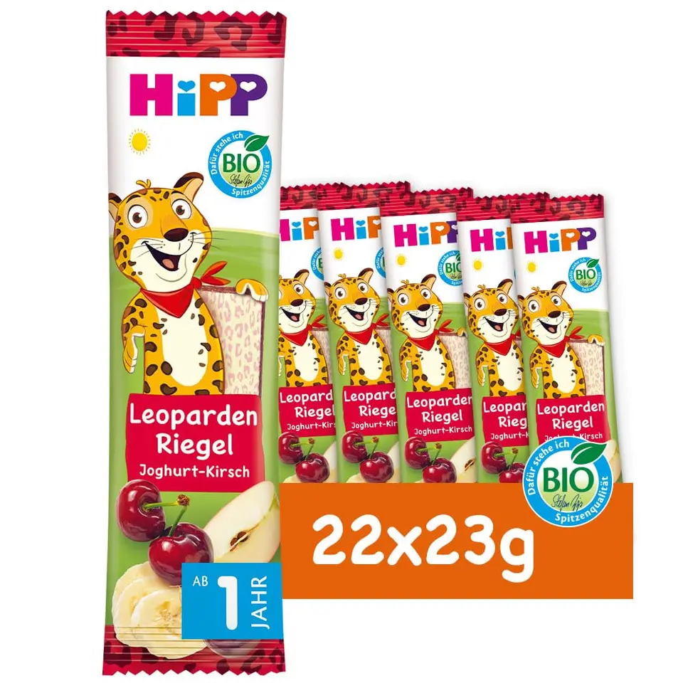 HiPP Leoparden Riegel Joghurt-Kirsch in Banane (22 x 23g), ab 1 Jahr, ideal für unterwegs & Zwischendurch