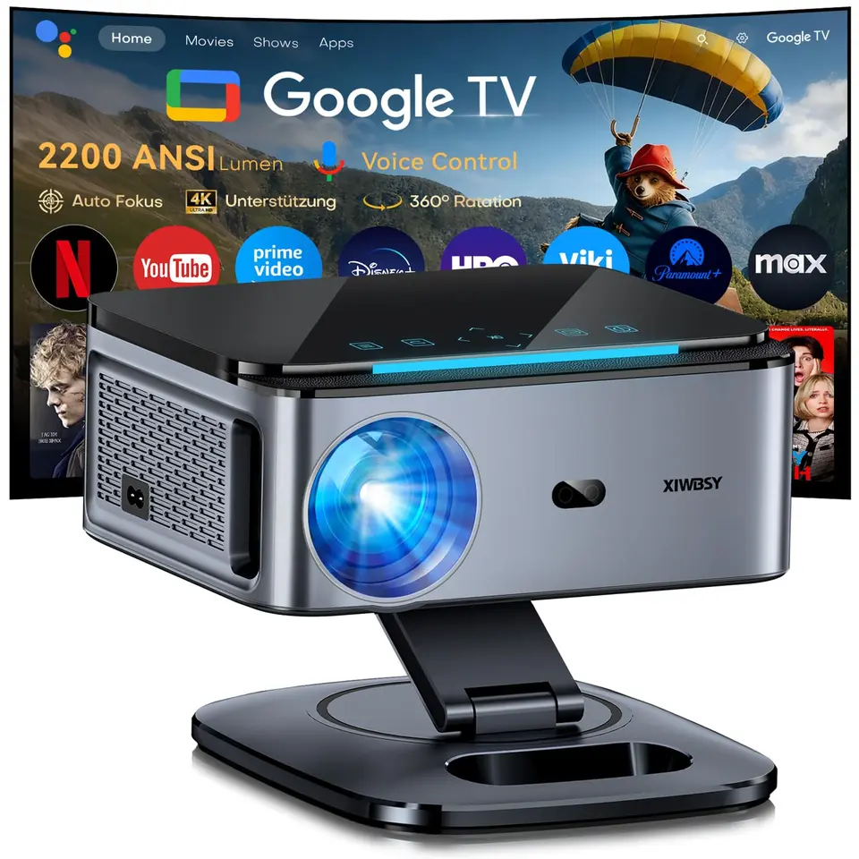 Beamer mit Google TV, 4K, Autofokus, 2200 ANSI-Lumen, 360°-Drehung